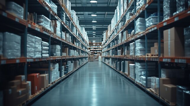 Warehouse aisle, stacked pallets, inventory storage (1)