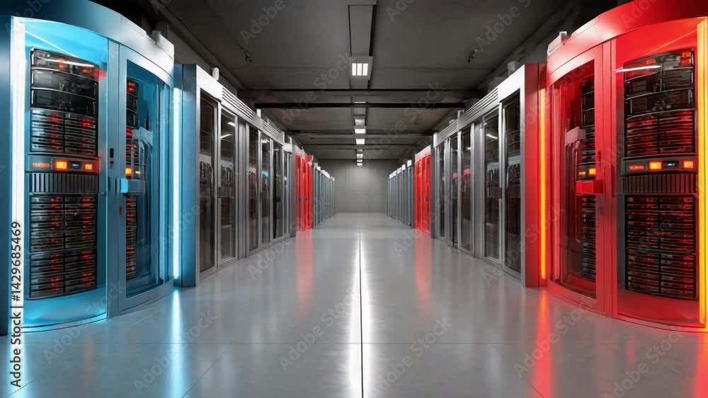 Poster tech hub hallway: an eye-level perspective of a cutting-edge data center hallway, illuminated by a v