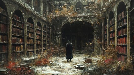 A lone figure walks through a decaying library filled with ancient books.  Overgrown and  crumbling, the place evokes a sense of forgotten knowledge and history