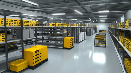 Fototapeta premium Bright Warehouse Interior with Organized Shelving ideal for marketing campaign materials