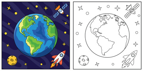 Earth Coloring Page Colored Illustration.