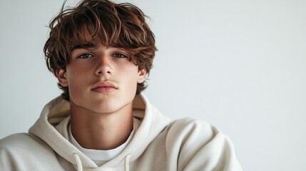 Portrait of a young man with brown hair and blue eyes wearing a cream hoodie.