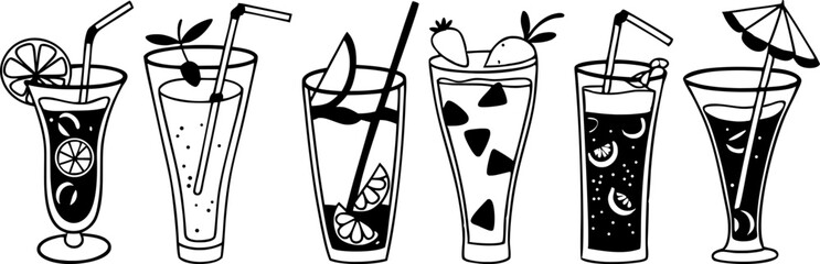 Line art illustration of various cocktails and drinks with straws and garnishes.