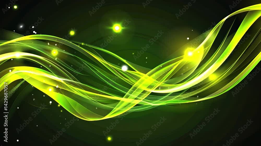 Poster vibrant abstract background with flowing green waves, glowing lights, and sparkles creating dynamic 