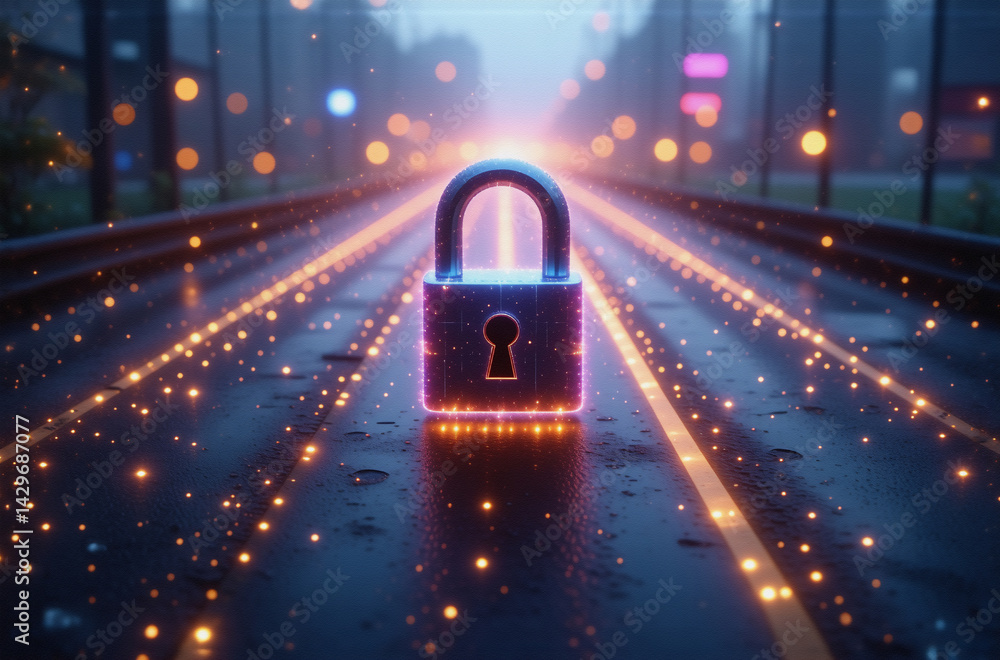 Poster a glowing padlock sits on a rain-slicked road at night, representing digital security in a futuristi