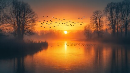 Fototapeta premium A peaceful scene of a flock of birds flying over a calm body of water