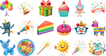 Colorful cartoon icons representing a birthday party celebration, including cake, balloons, gifts, party hats, confetti, and candles. Ideal for invitations, stickers, cards, and festive designs.