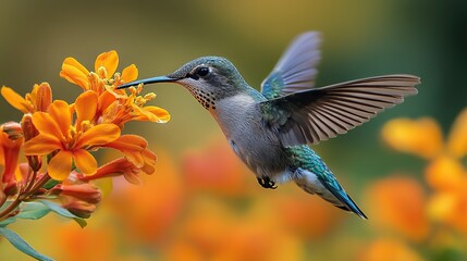 Fototapeta premium A peaceful scene of a hummingbird sipping nectar from a bright flower