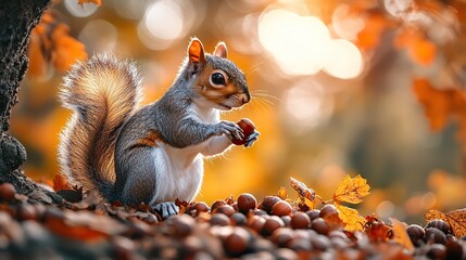 Obraz premium A peaceful scene of a squirrel gathering acorns in an autumn park