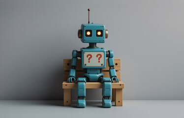 Fototapeta premium A small, blue robot with question marks on its chest sits patiently on a wooden bench against a gray wall, conveying a sense of curiosity and contemplation.
