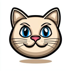 Cartoon illustration of a cat's face with bright blue eyes and light beige fur