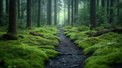 Fototapeta premium A quiet forest trail covered with moss and fallen branches