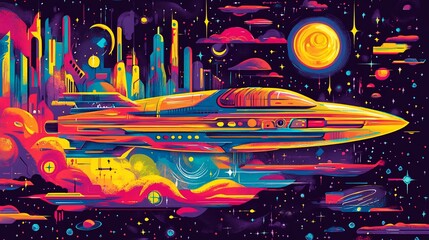 Chromatic Spacecraft Over Futuristic Cityscape ideal for creative writing prompt visuals