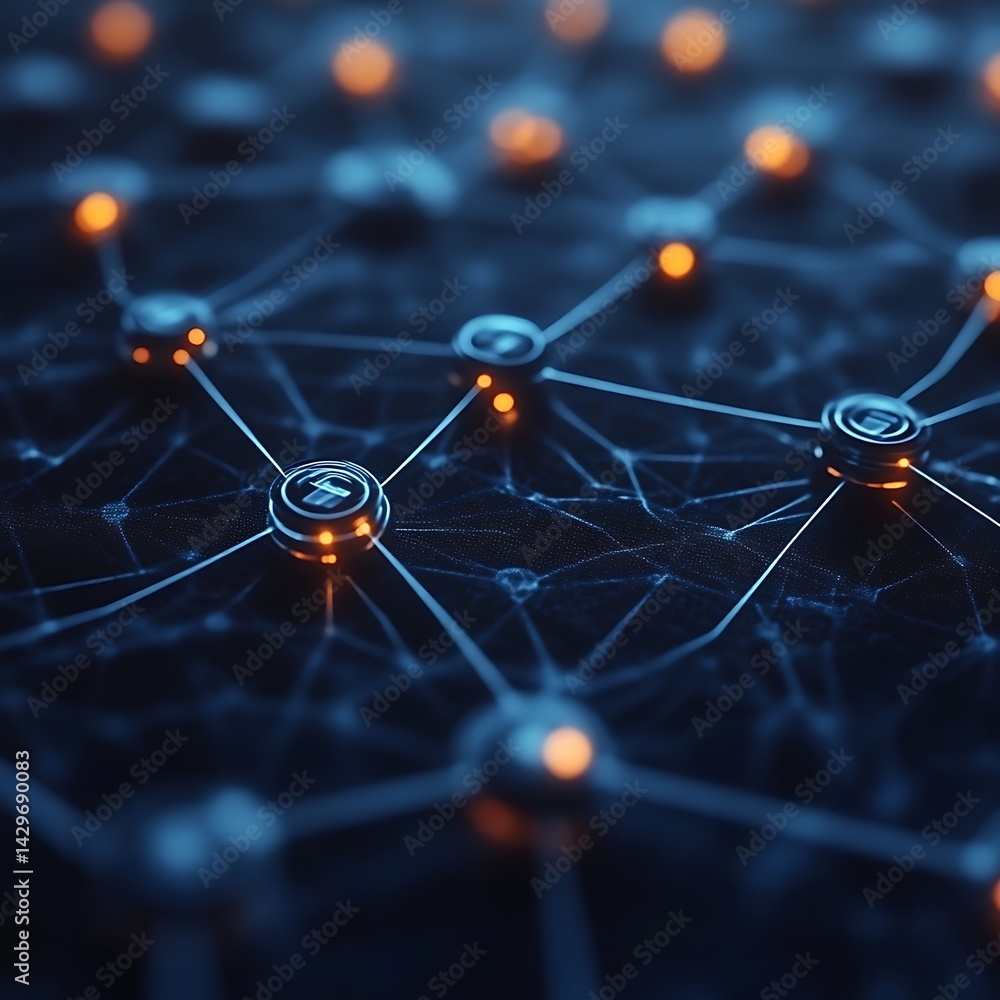 Poster complex network of interconnected nodes. detailed close-up view of a futuristic technology system. i