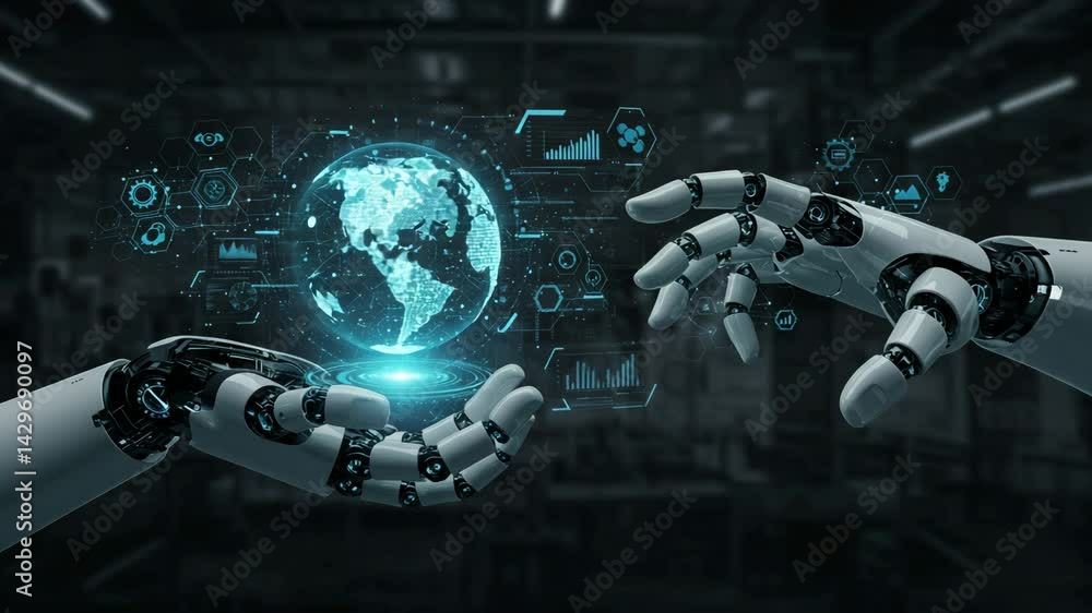 Aufkleber Robot hands interacting with a holographic globe and data visualizations in lab