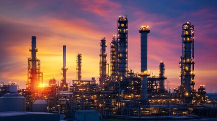 Obraz premium Operating Factory at Sunset with Glowing Lights and Colorful Sky