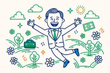 Happy businessman jumping with joy amidst nature, briefcase, and money.