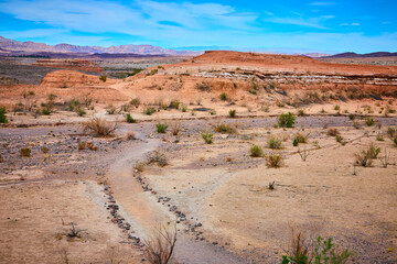Red Rock Desert Path to Distant Mountains Eye-Level Perspective