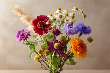 Fototapeta premium A bouquet of mixed wildflowers on a neutral tan background