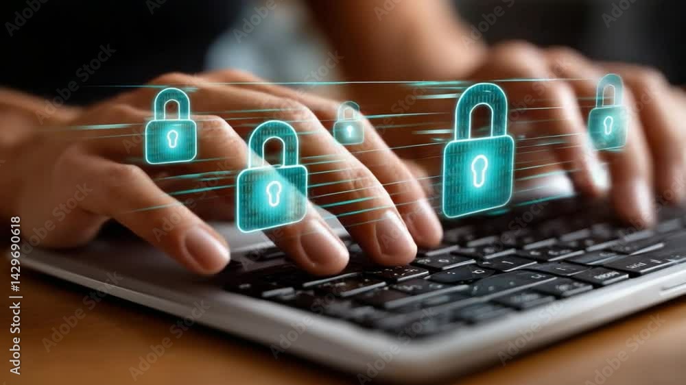 Poster digital security: a close-up of hands typing on a keyboard, with digitally enhanced padlocks that il