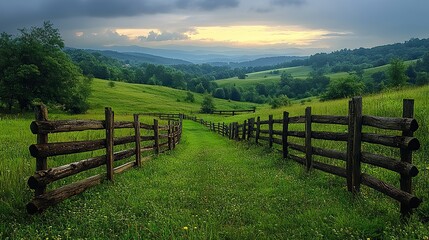 Obraz premium A rustic wooden fence stretches across a green and rolling landscape