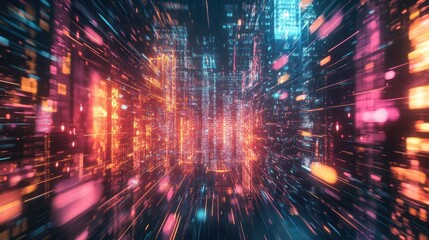 Fototapeta premium Abstract glowing cityscape with a futuristic technology and data stream