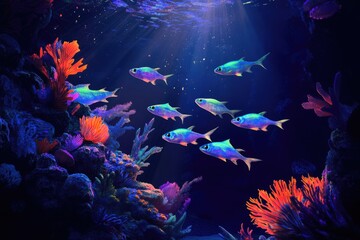 Vibrant underwater scene with a school of iridescent fish swimming amidst colorful coral reefs.