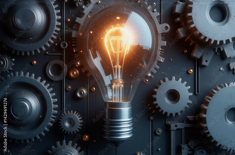 Poster a glowing light bulb is centered amidst an array of metallic gears. the mechanical components sugges