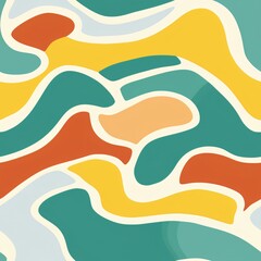 Abstract wavy shapes in retro colors seamless pattern. Mid-century modern style background for textile, wrapping paper, and home decor. Vintage 70s inspired design with copy space