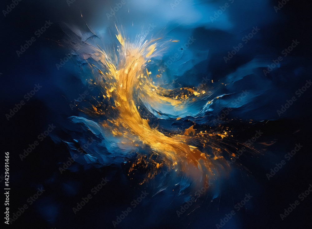 Poster a vibrant explosion of golden energy bursts forth amidst a deep, swirling nebula, with hints of ethe
