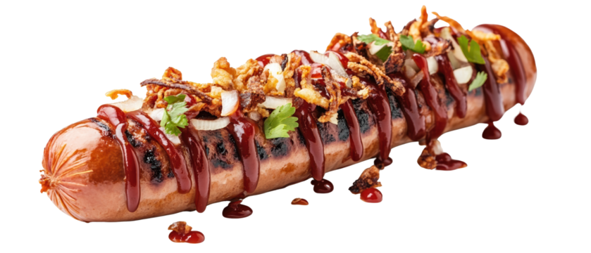 Delicious hot dog with toppings and sauces.