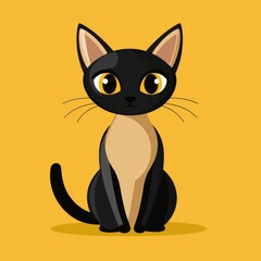 Fototapeta premium Cartoon illustration of a black cat with yellow eyes sitting on a bright yellow background