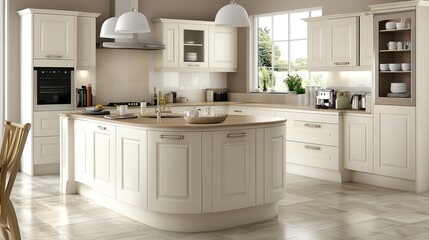 Bright and airy kitchen in white with island breakfast bar and light natural textures
