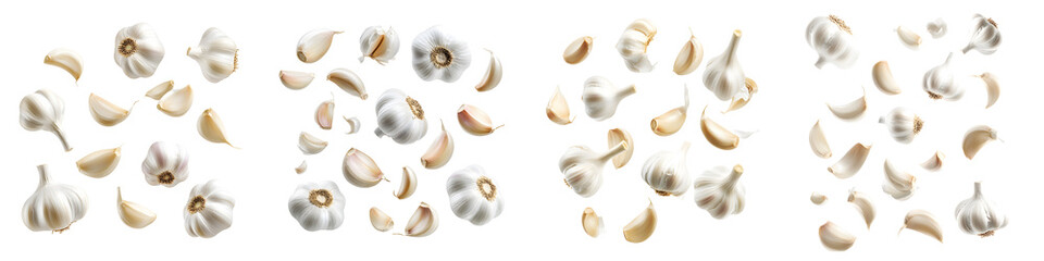 Garlic cloves and bulbs floating in the air isolated on transparent background