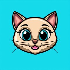 Obraz premium Cartoon illustration of a smiling cat with blue eyes and light beige fur on a blue background