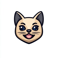 Cartoon illustration of a cheerful cat with light beige fur and dark blue eyes