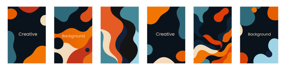 Set of abstract vector backgrounds with retro-inspired color palettes and flowing organic shapes, ideal for modern posters, flyers, or digital templates
