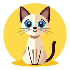 Obraz premium Cartoon illustration of a cat with half beige and half white fur, vivid blue eyes, and a bright yellow background