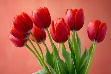 Fototapeta premium A bunch of vibrant red tulips on a soft coral background