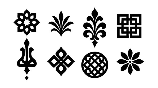 Vector set of black ornamental icons featuring floral, geometric, and cultural motifs in bold silhouette style