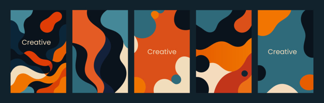 Set of abstract vector backgrounds with retro-inspired color palettes and flowing organic shapes, ideal for modern posters, flyers, or digital templates