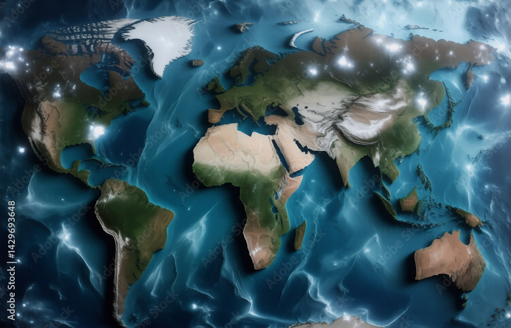 Aufkleber a stylized world map with exaggerated relief, showing continents and oceans with glowing, ethereal e