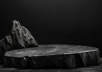 Dark stone pedestal with rugged rocks.  A simple, minimalist display for showcasing products