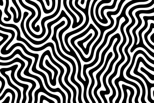 Abstract black and white vector pattern with seamless wavy lines and organic flow, resembling zebra stripes or topographic contours, ideal for textiles, wallpapers, and modern design backgrounds