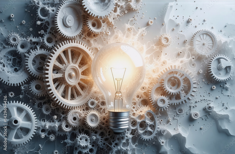 Poster bright light bulb illuminates surrounding gears on abstract background, representing innovation, mec