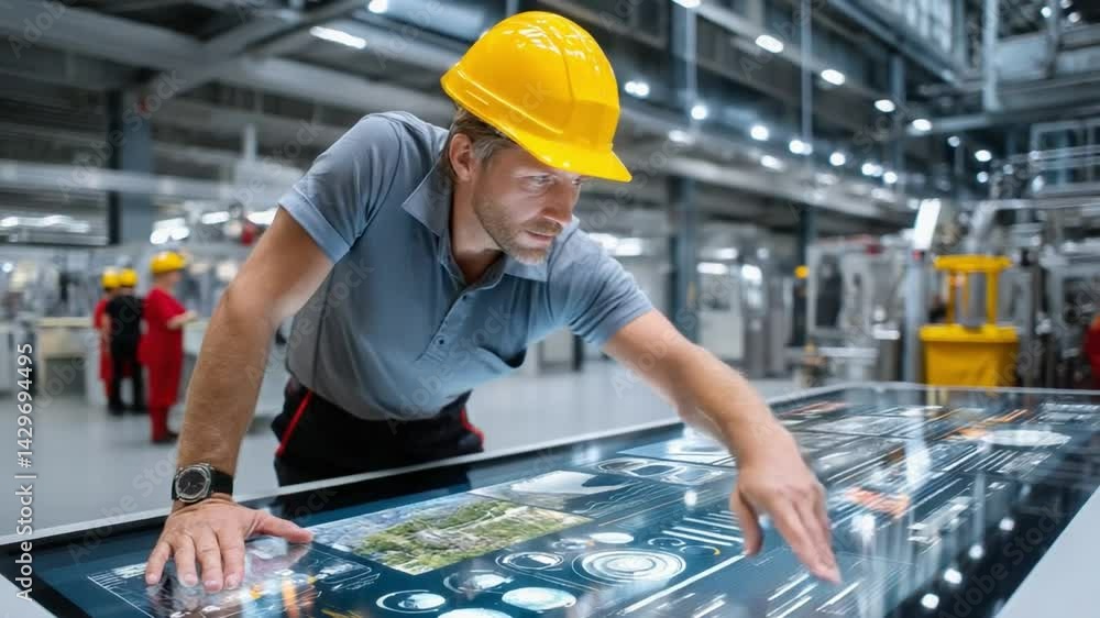 Poster engineer inspecting digital interface: a focused engineer in a yellow hard hat meticulously examines