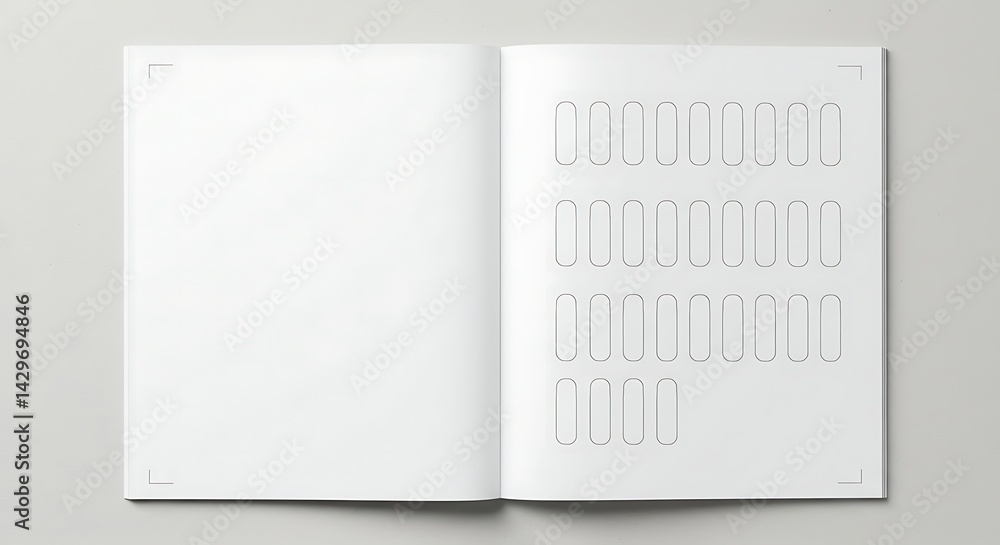 Aufkleber minimalist booklet featuring blank page opposite an array of faint capsule shapes
