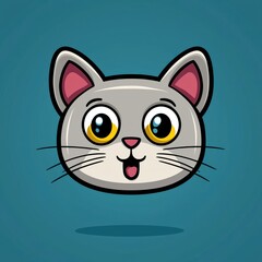 Obraz premium Cartoon cat face with large yellow eyes and pink ears on a teal background