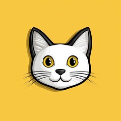 Cartoon illustration of a white cat with yellow eyes and black outlined ears on a bright yellow background