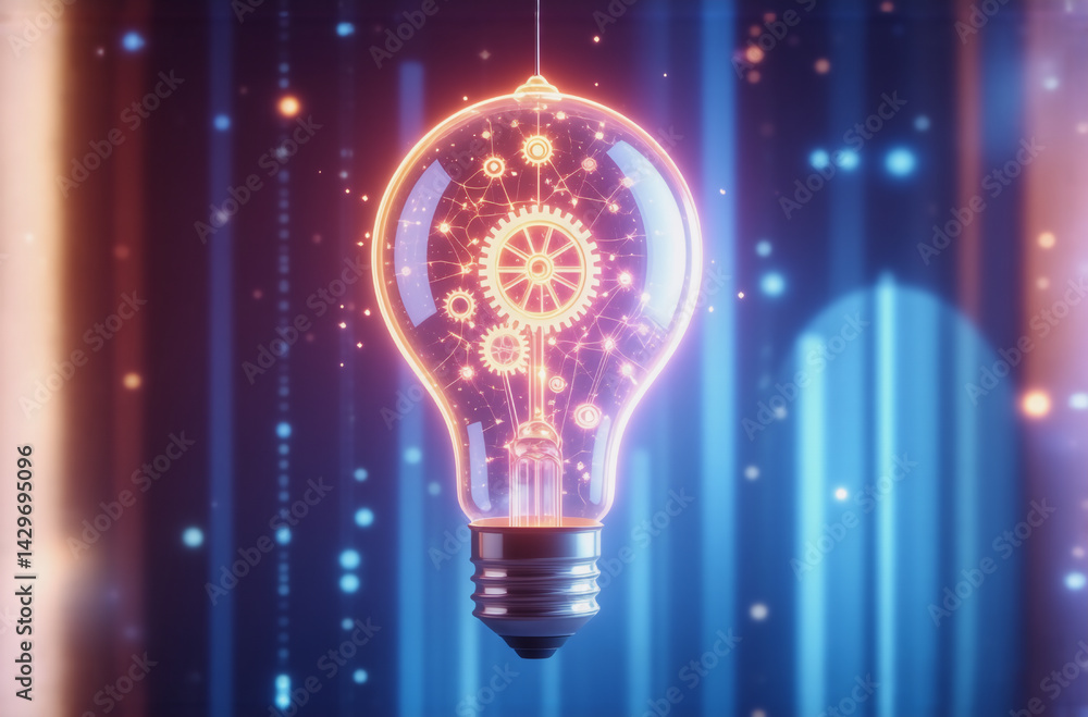 Poster glowing lightbulb with gears inside against a blurred blue and orange digital background. illuminate